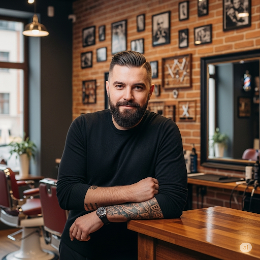 Carismatico fondatore del barbiere, un uomo sui 40 anni con barba curata e capelli stilosi, appoggiato a un bancone in legno. Sorride leggermente e guarda nell'obiettivo. Sullo sfondo un elegante interno del salone con parete in mattoni a vista. Fotografia professionale di ritratto.