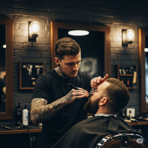 Interno raccolto e atmosferico di un barbiere. Un barbiere concentrato, con tatuaggi sugli avanbracci, cura con attenzione la barba di un cliente. Sullo sfondo una parete in mattoni a vista e un'illuminazione calda. Atmosfera di professionalità e mestiere artigianale.